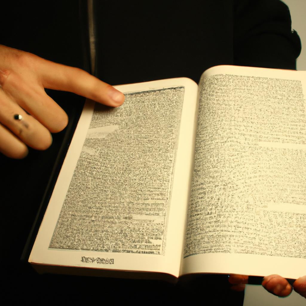 Person holding a dictionary, explaining